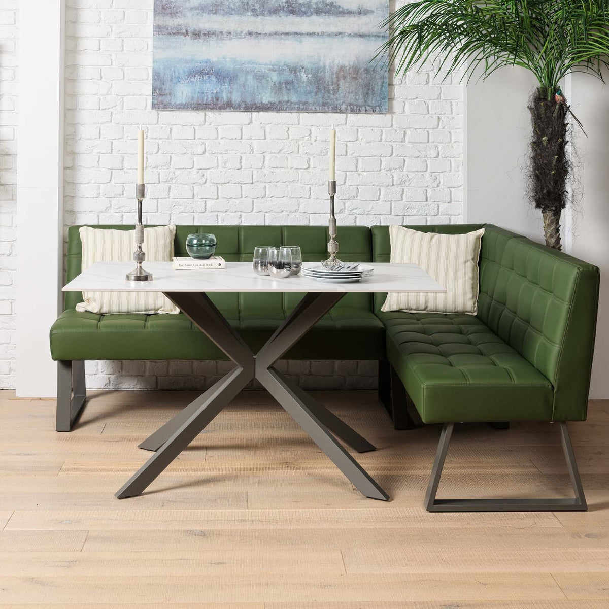 Saturn 135cm Dining Table White & Rubix Corner Bench in Olive Green