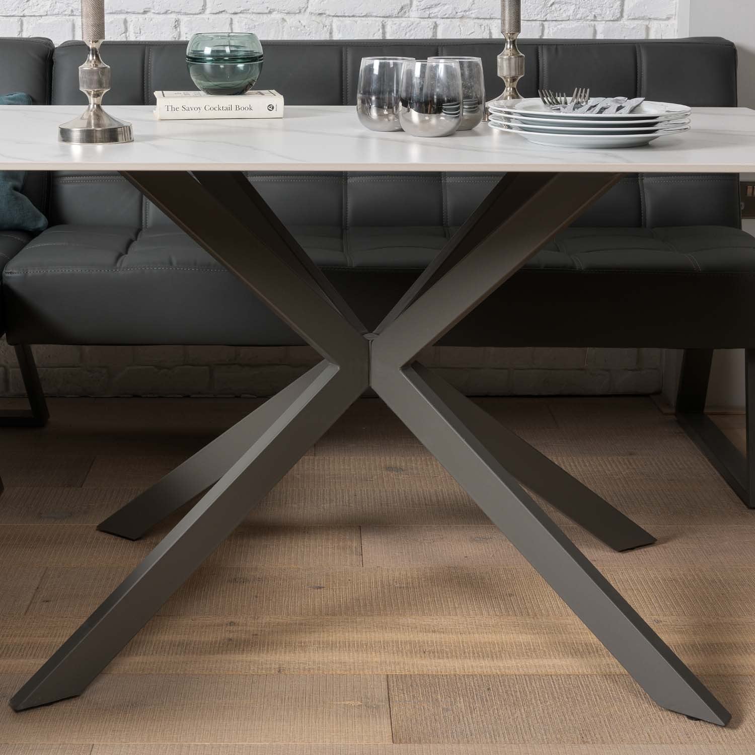 Saturn 135cm Dining Table White & Rubix Corner Bench With Low Bench in Grey