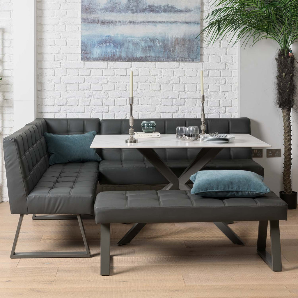 Saturn 135cm Dining Table White & Rubix Corner Bench With Low Bench in Grey