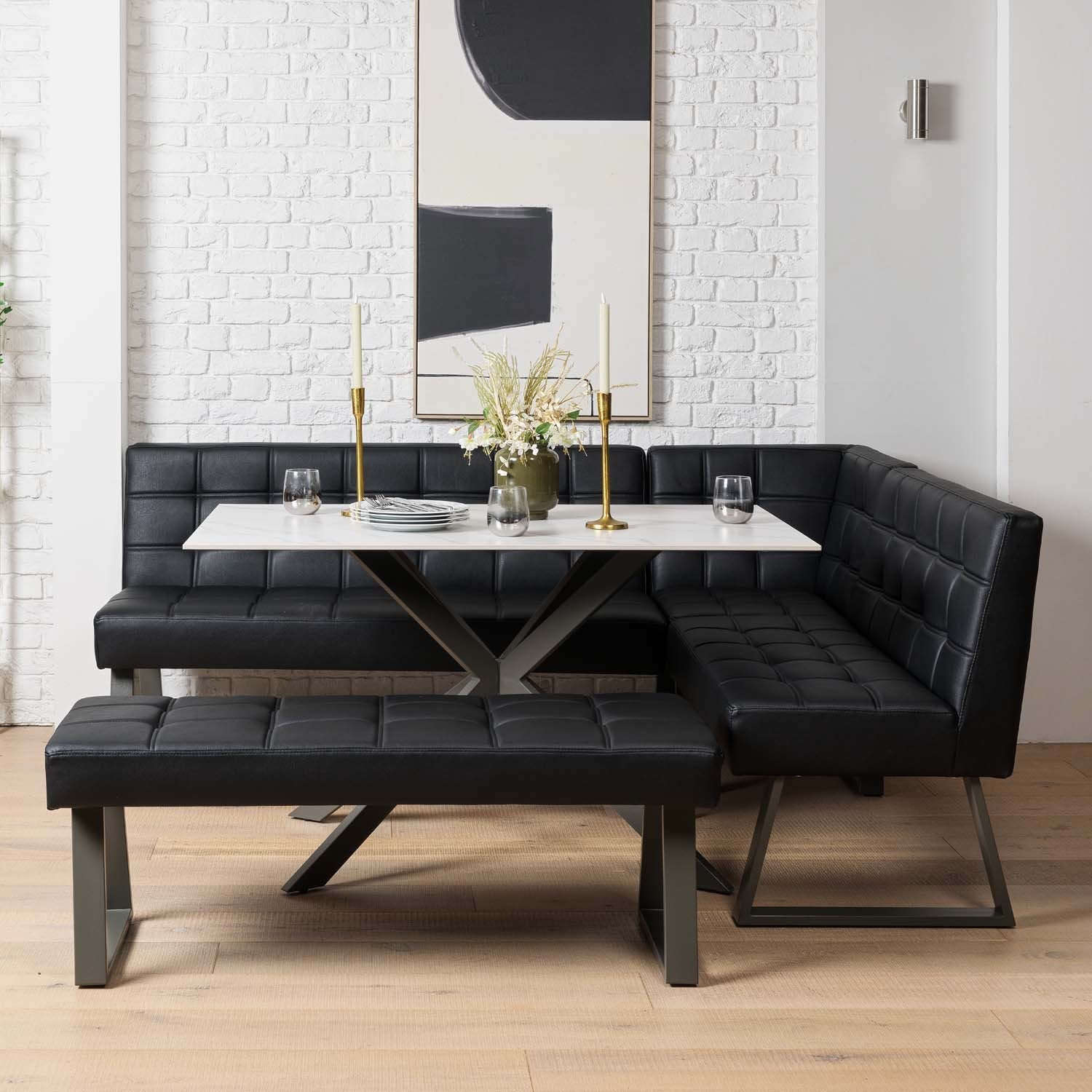 Saturn 135cm Dining Table White & Rubix Corner Bench With Low Bench in Black