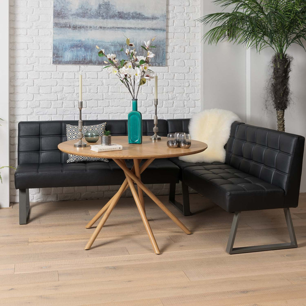 Saturn 120cm Round Dining Table & Rubix Corner Bench in Black