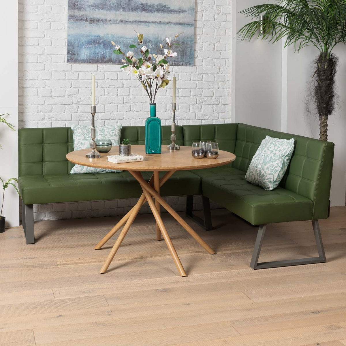 Saturn 120cm Round Dining Table & Rubix Corner Bench in Olive Green