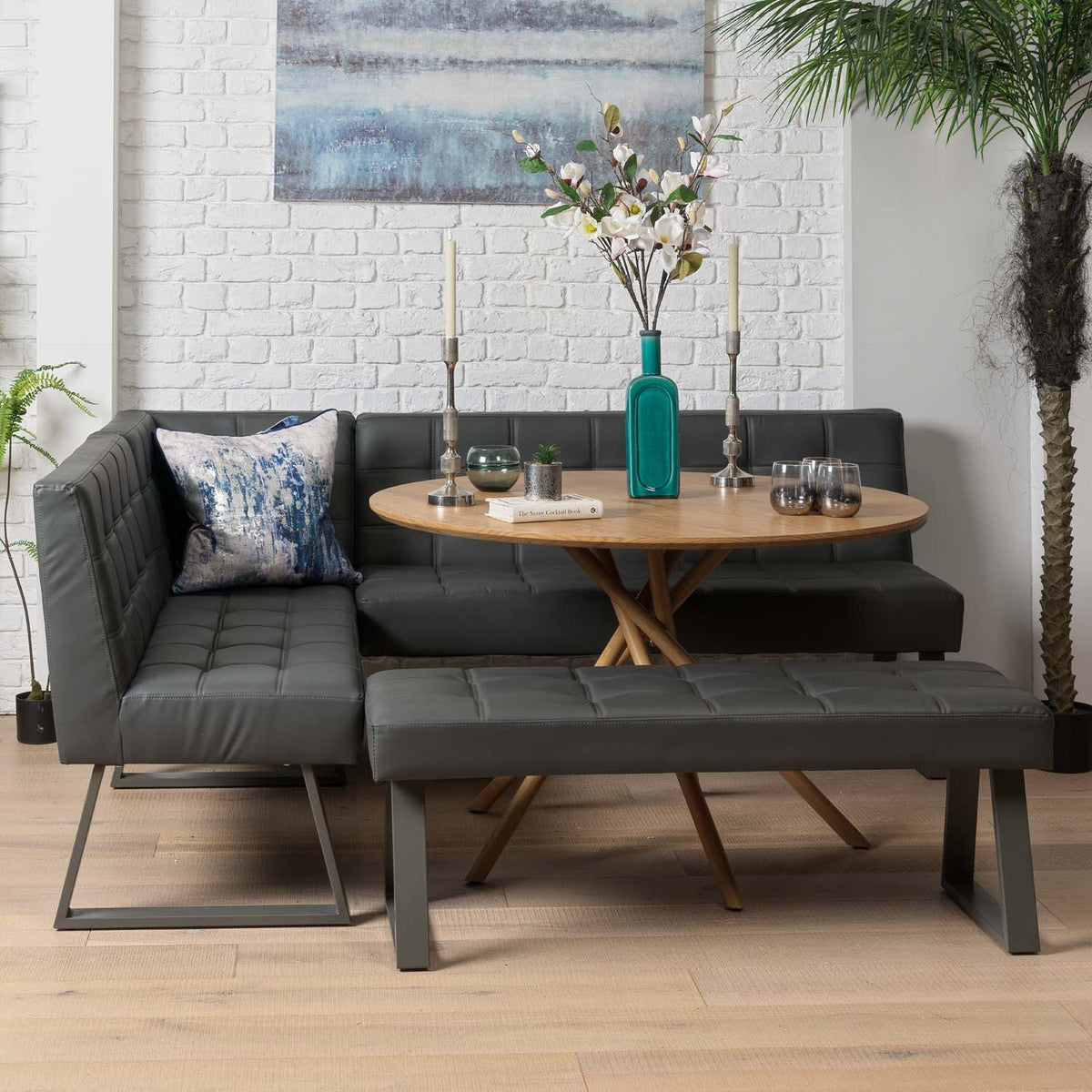 Saturn 120cm Round Dining Table & Rubix Corner Bench With Low Bench in Grey