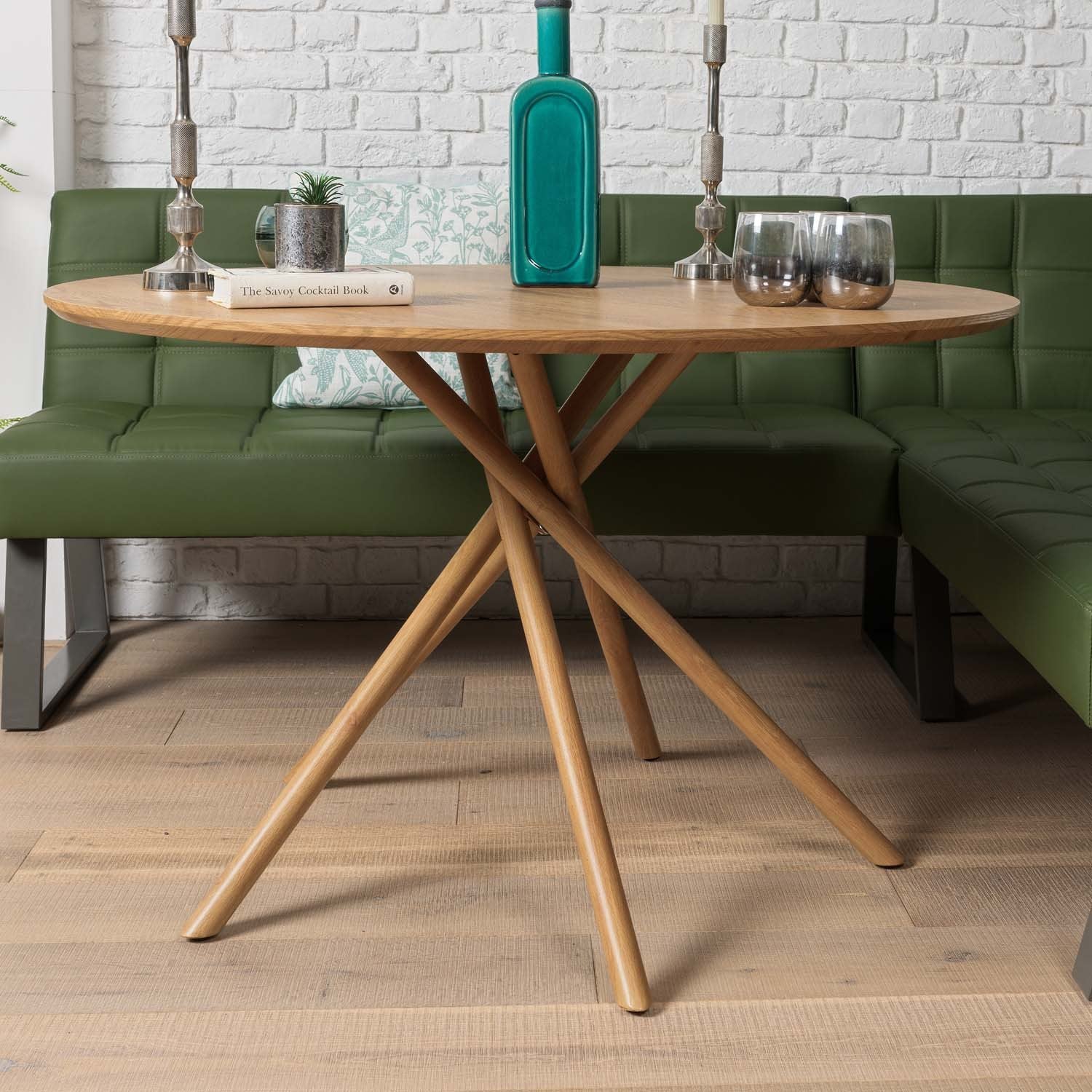 Saturn 120cm Round Dining Table & Rubix Corner Bench With Low Bench in Olive Green