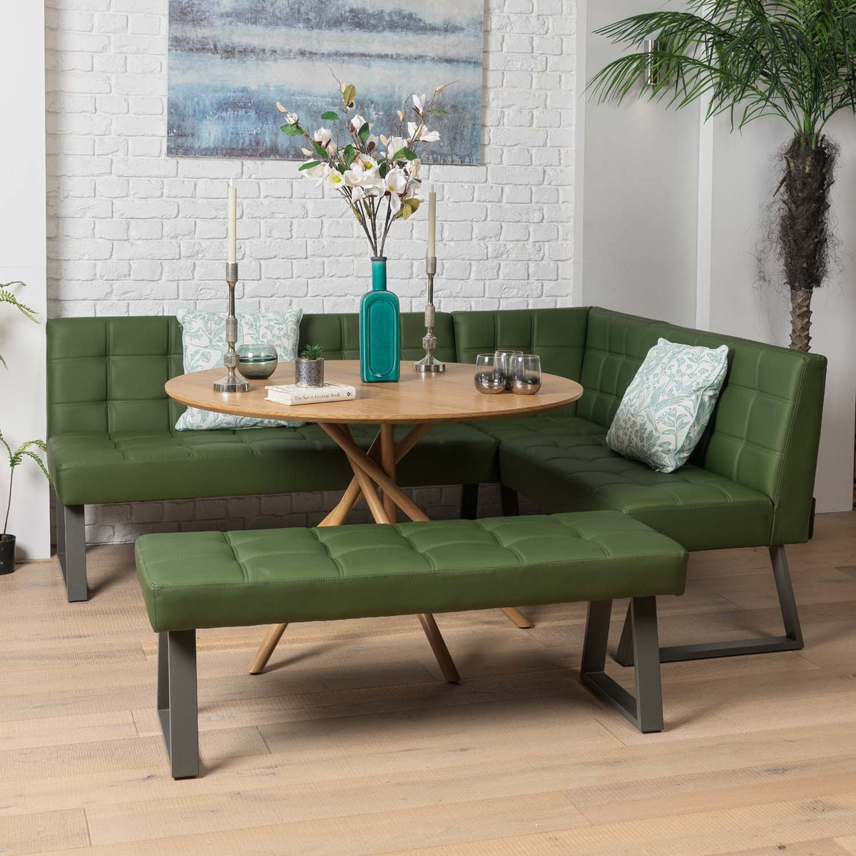 Saturn 120cm Round Dining Table & Rubix Corner Bench With Low Bench in Olive Green