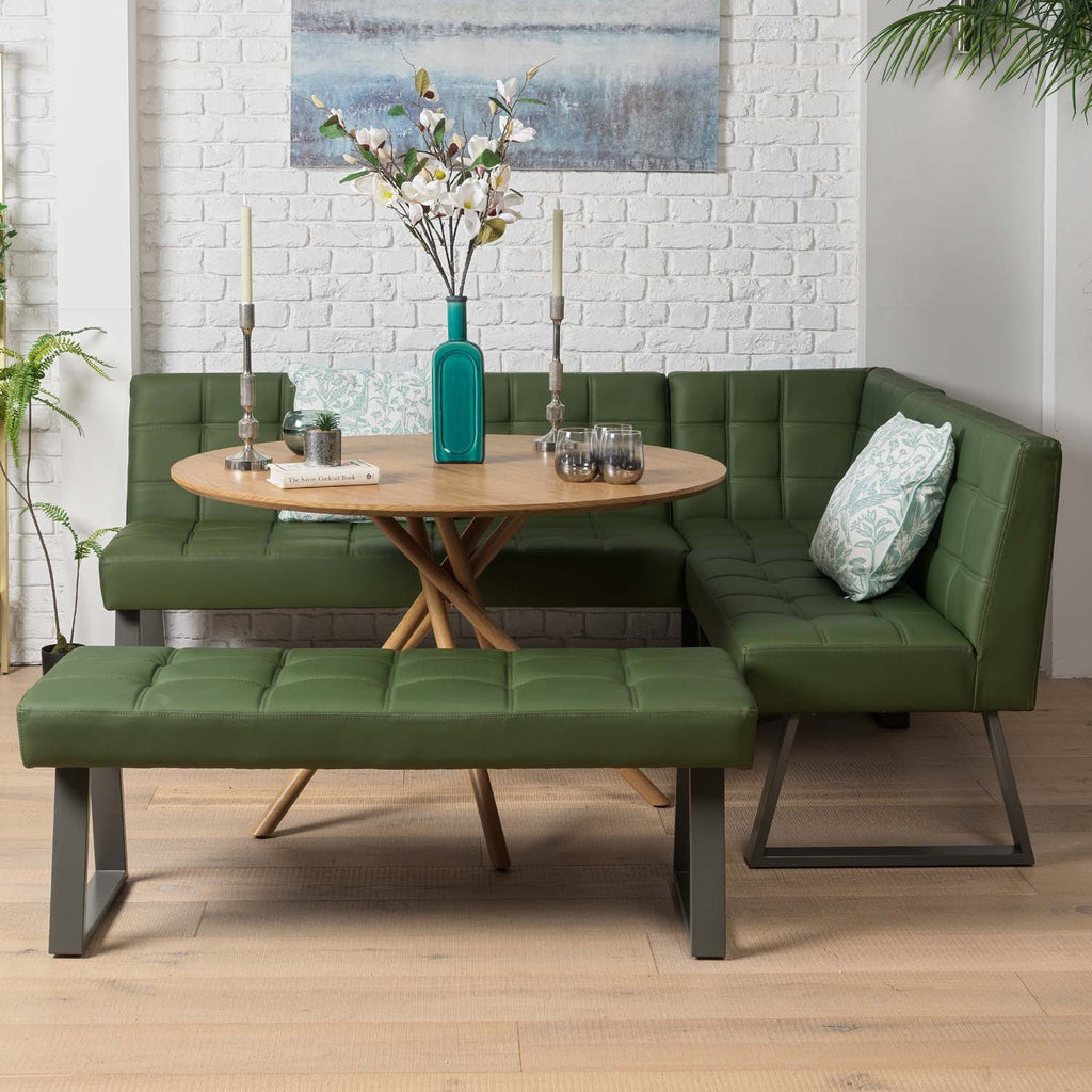Saturn 120cm Round Dining Table & Rubix Corner Bench With Low Bench in Olive Green