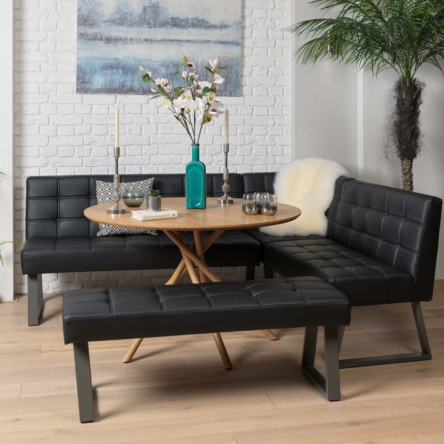 Saturn 120cm Round Dining Table & Rubix Corner Bench With Low Bench in Black