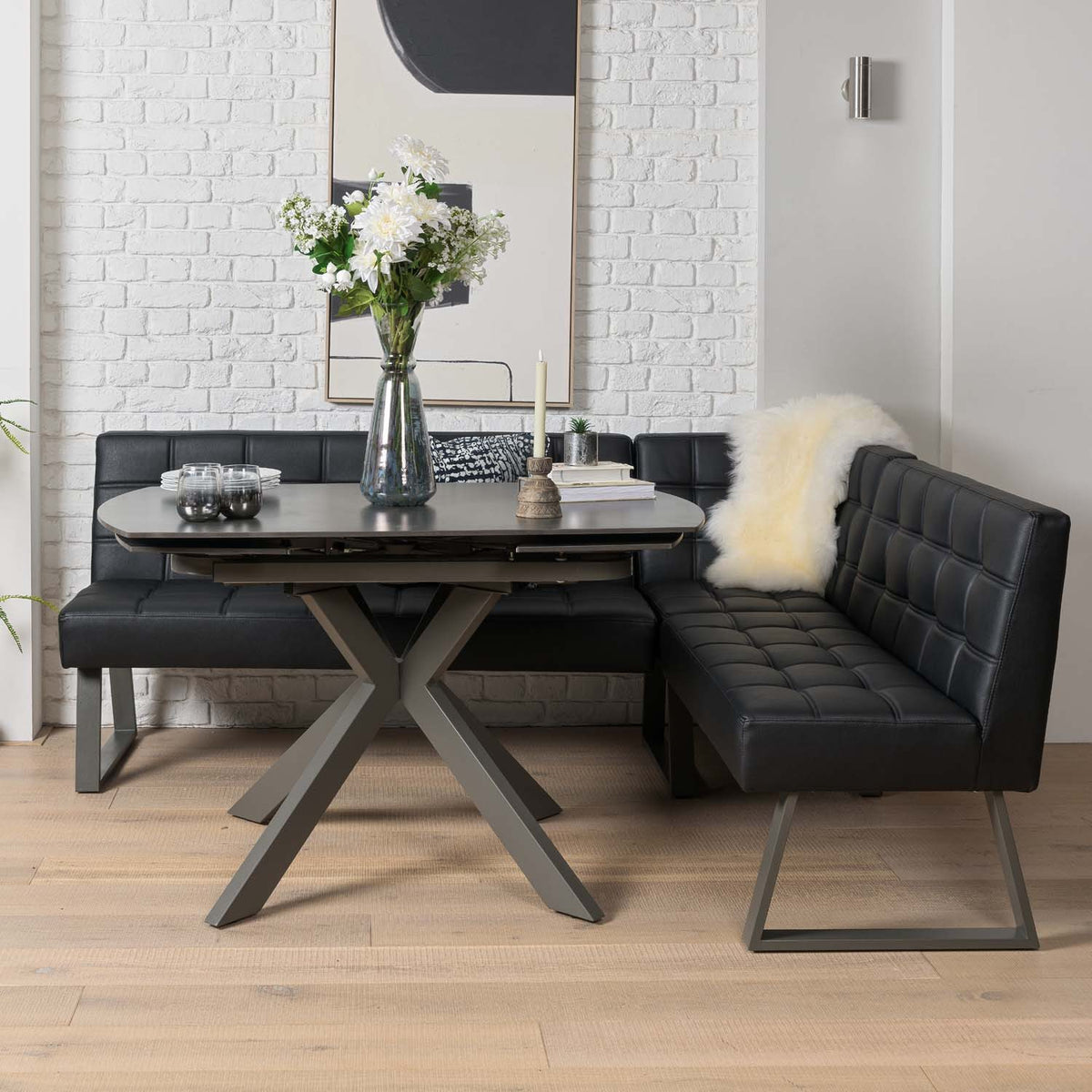Saturn 130-190cm Motion Table Dark Grey & Rubix Corner Bench in Black