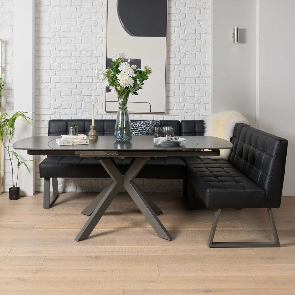 Saturn 130-190cm Motion Table Dark Grey & Rubix Corner Bench in Black