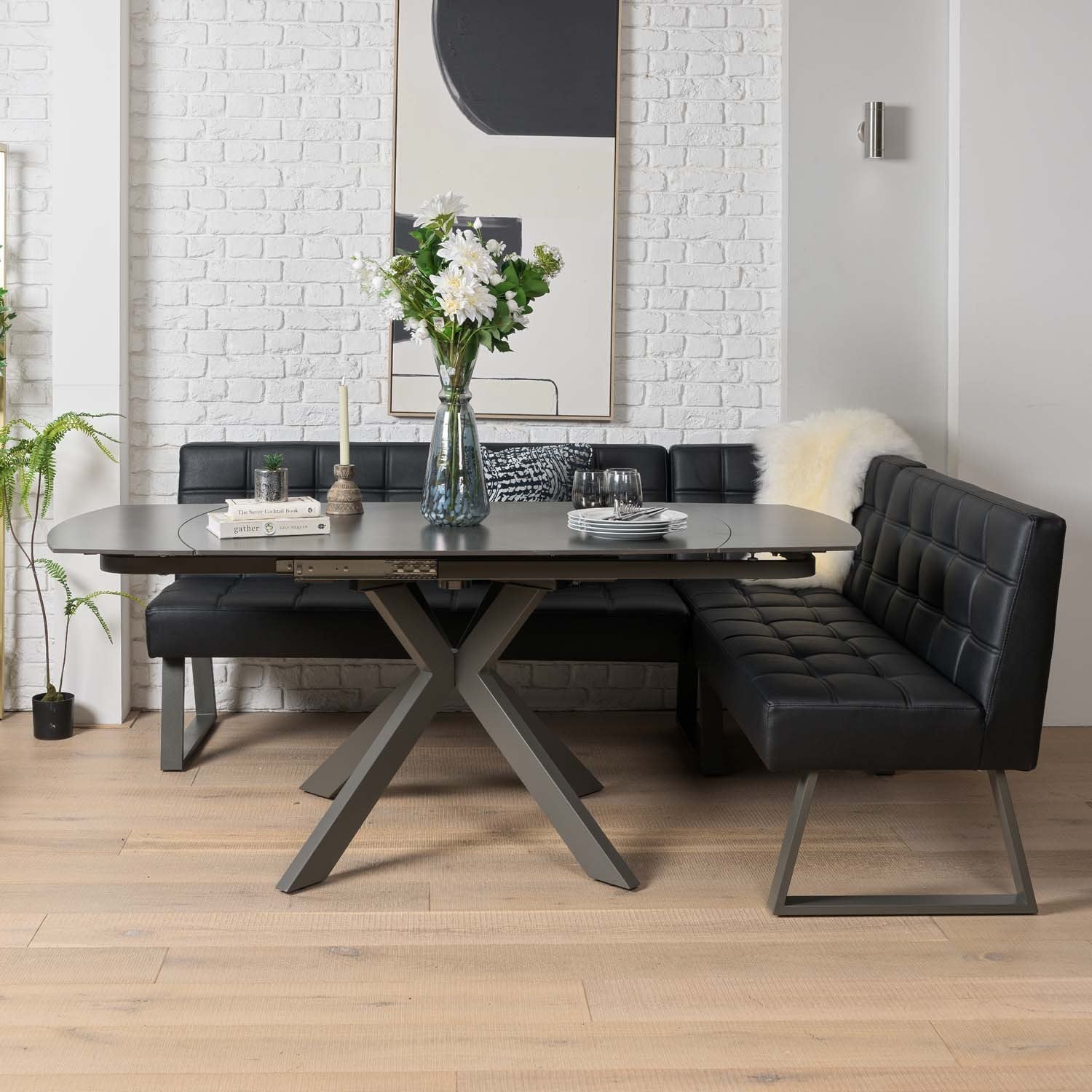 Saturn 130-190cm Motion Table Dark Grey & Rubix Corner Bench in Black