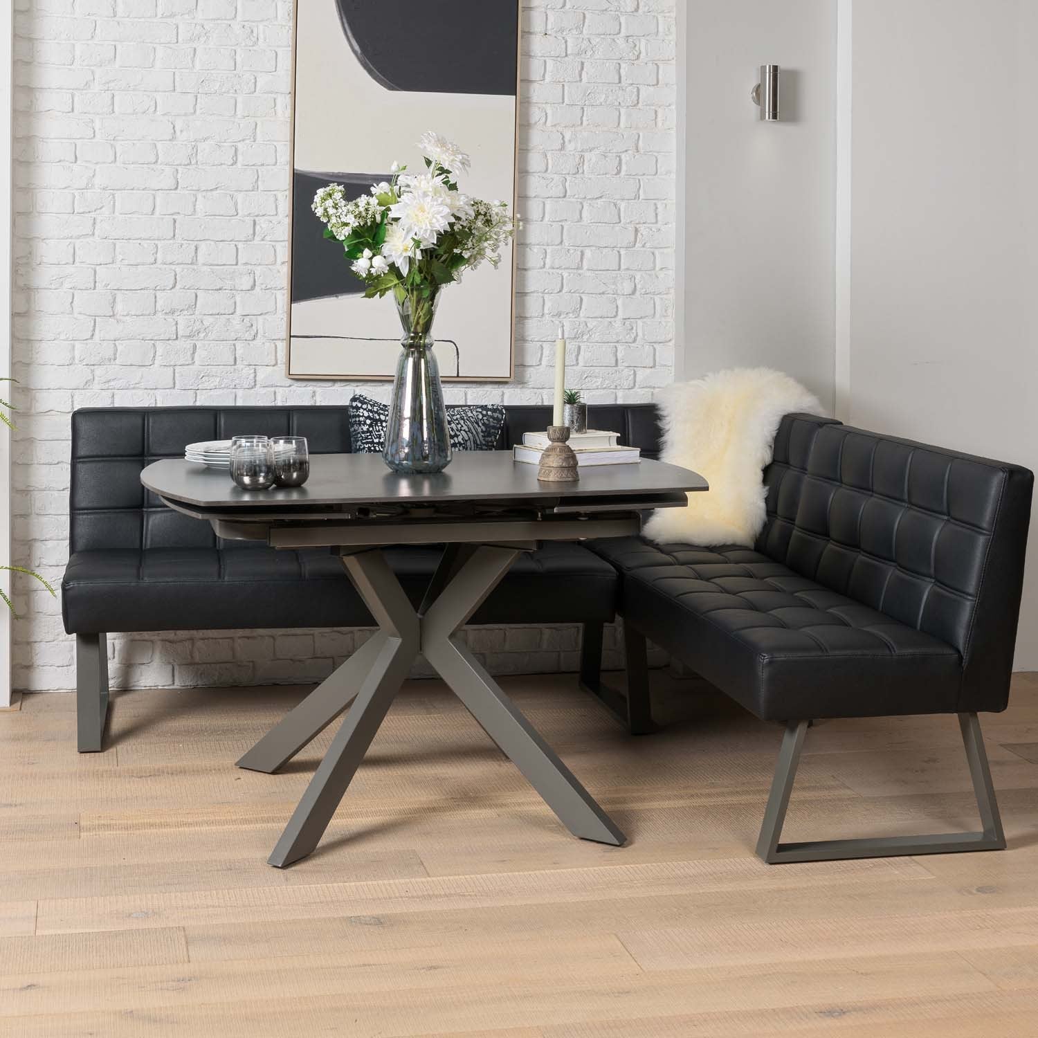 Saturn 130-190cm Motion Table Dark Grey & Rubix Corner Bench in Black