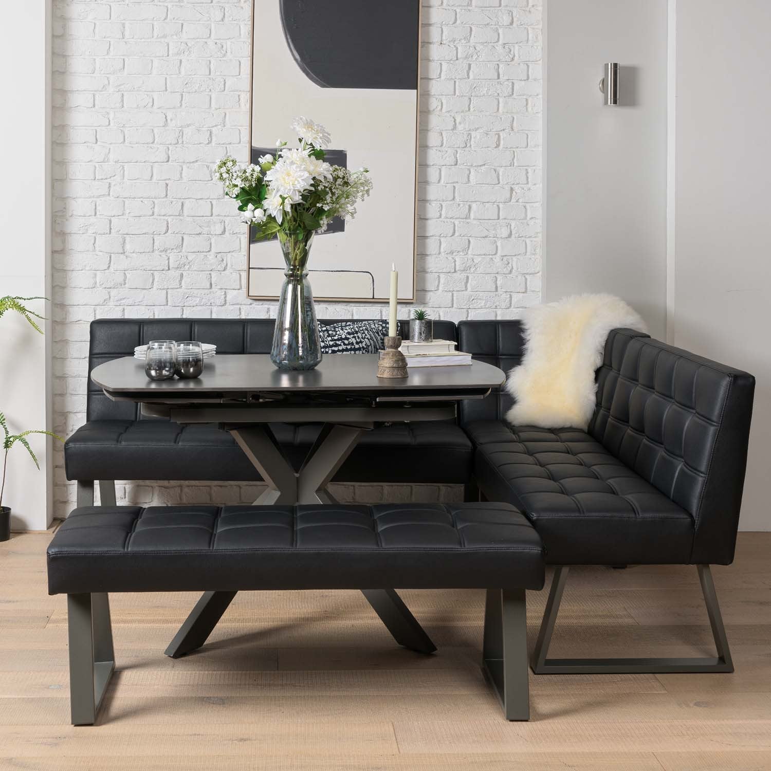 Saturn 130-190cm Motion Table Dark Grey & Rubix Corner Bench With Low Bench in Black
