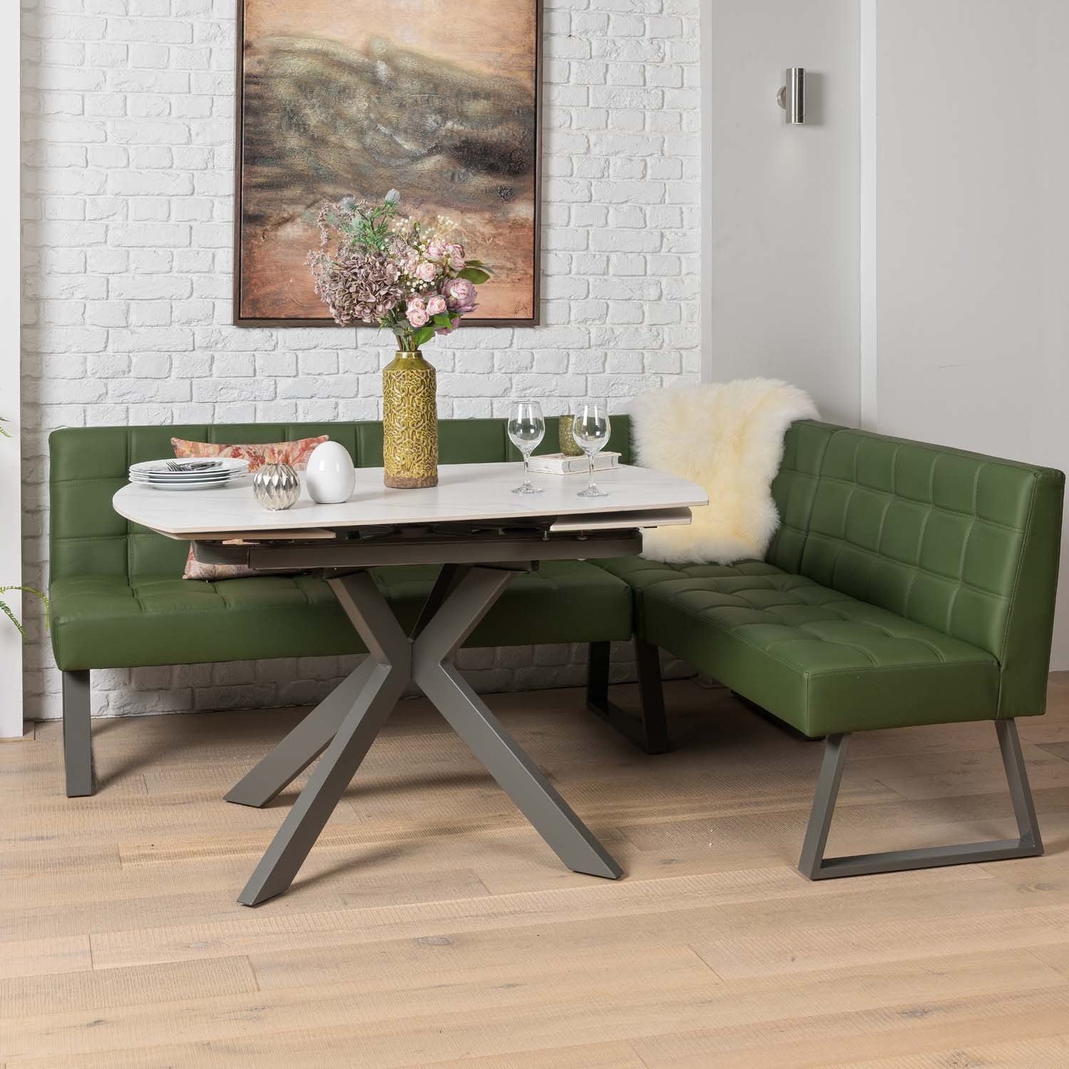 Saturn 130-190cm Motion Table White & Rubix Corner Bench in Olive Green