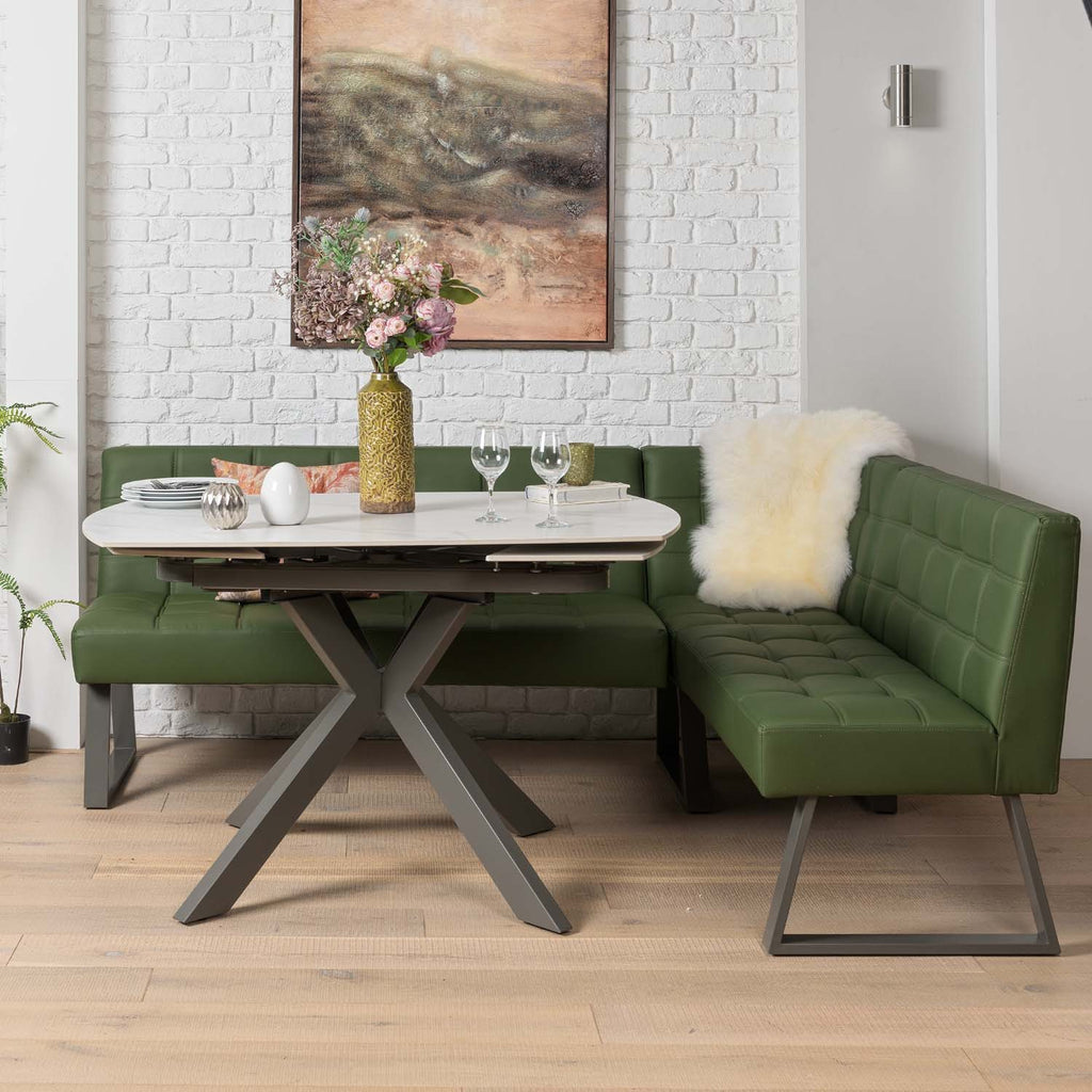 Saturn 130-190cm Motion Table White & Rubix Corner Bench in Olive Green