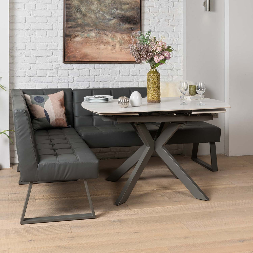 Saturn 130-190cm Motion Table White & Rubix Corner Bench in Grey