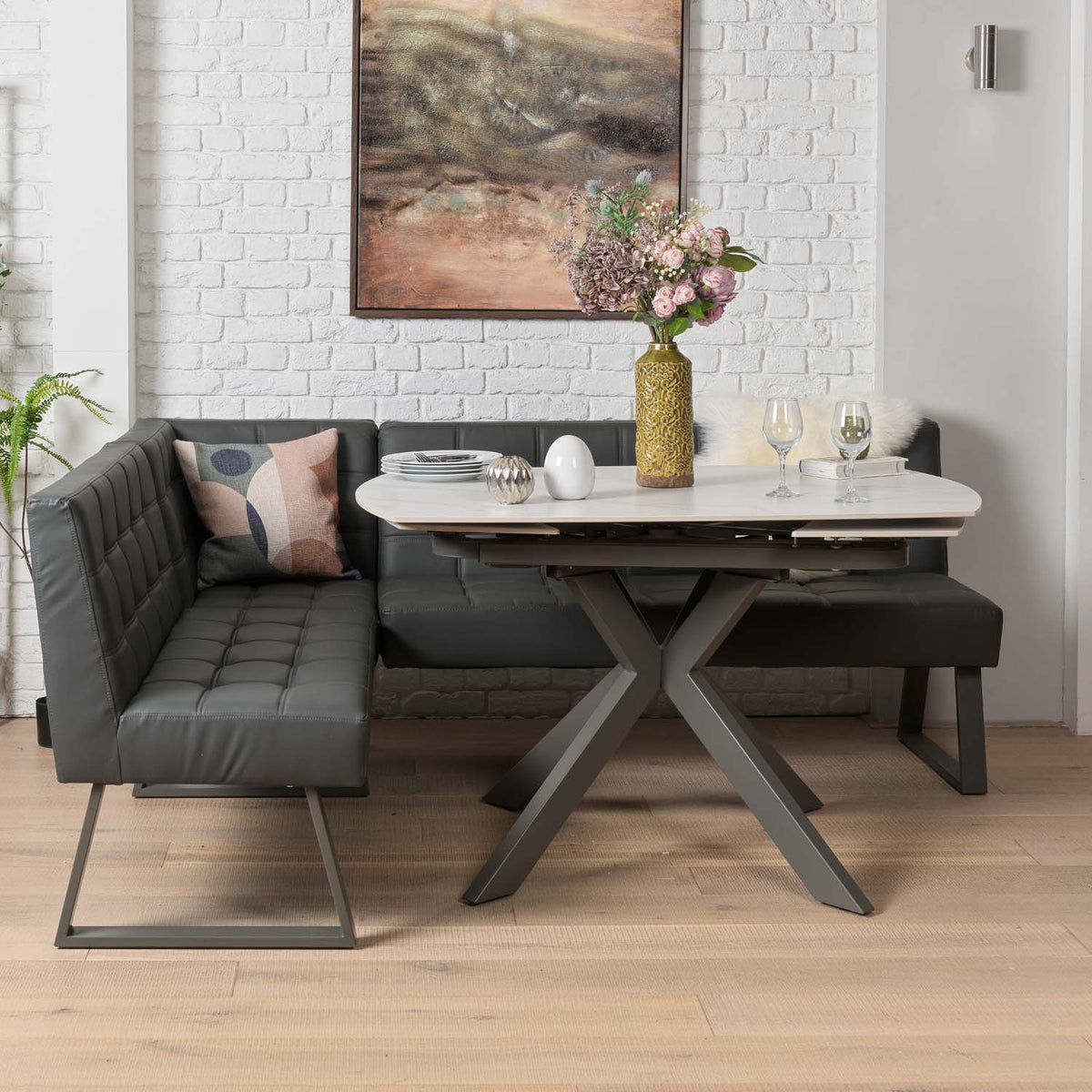 Saturn 130-190cm Motion Table White & Rubix Corner Bench With Low Bench in Grey