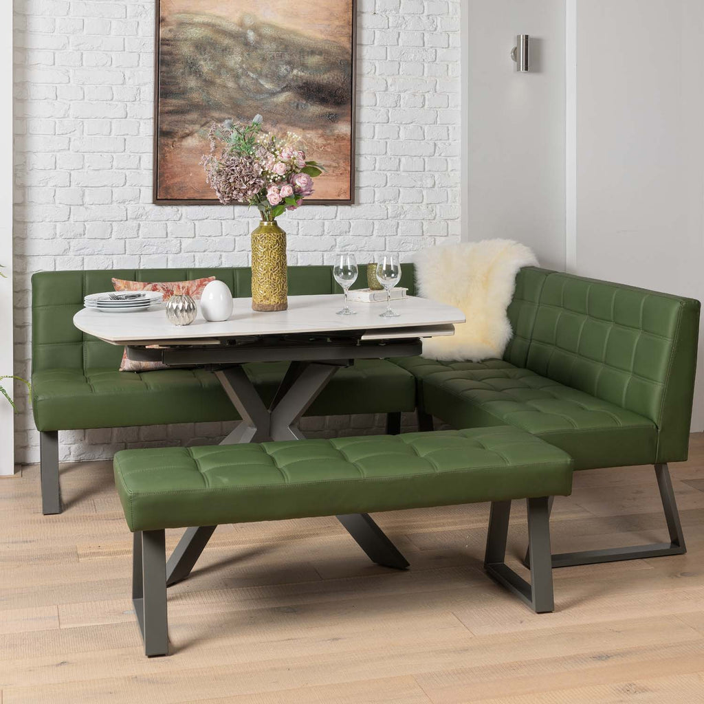 Saturn 130-190cm Motion Table White & Rubix Corner Bench With Low Bench in Olive Green