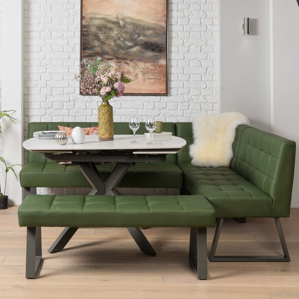 Saturn 130-190cm Motion Table White & Rubix Corner Bench With Low Bench in Olive Green