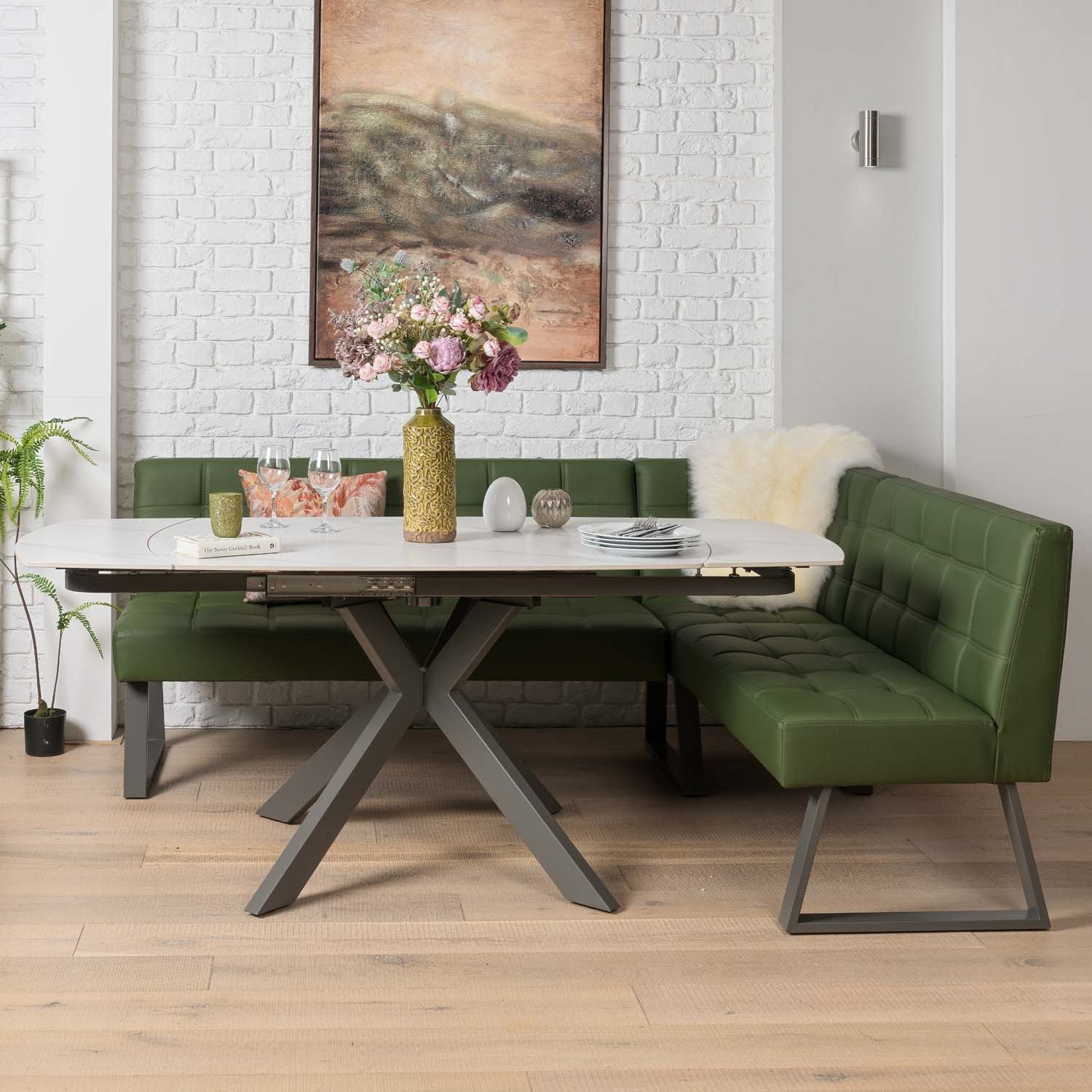 Saturn 130-190cm Motion Table White & Rubix Corner Bench With Low Bench in Olive Green
