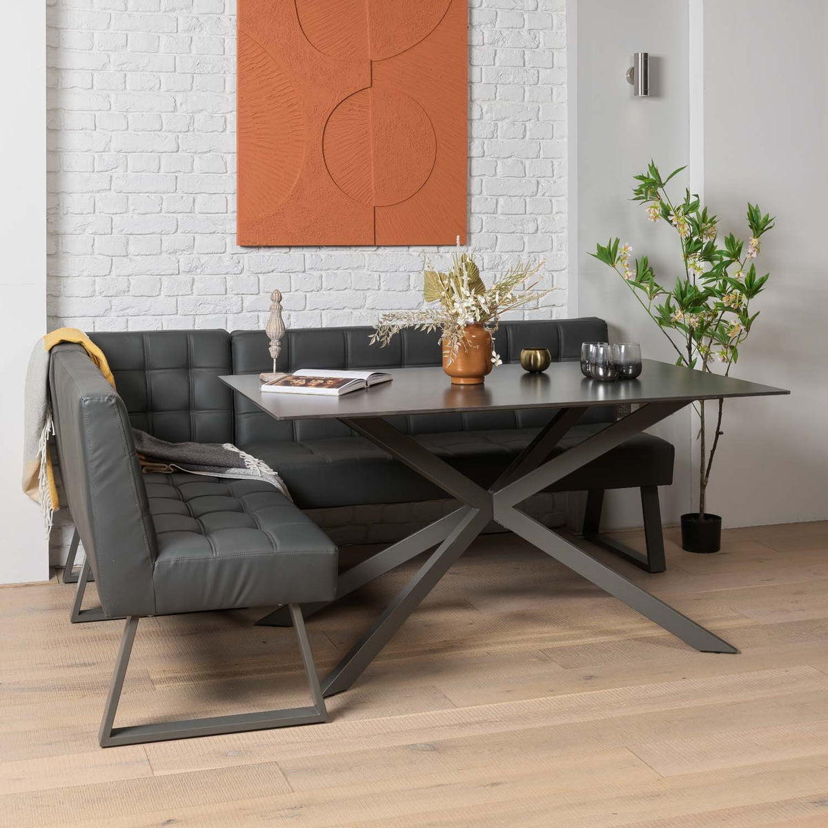 Saturn 150cm Dining Table Dark Grey & Rubix Corner Bench in Grey