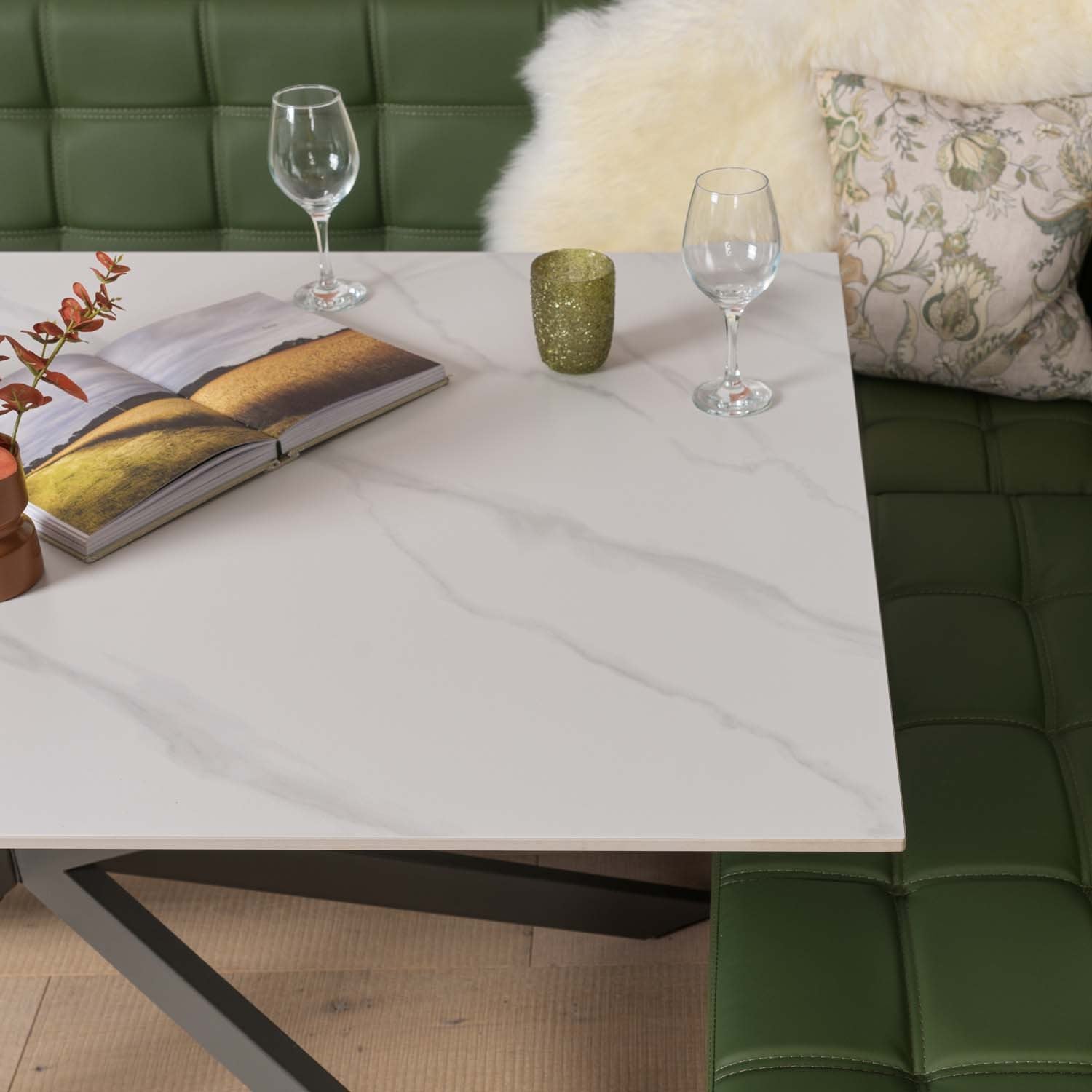 Saturn 150cm Dining Table White & Rubix Corner Bench With Low Bench in Olive Green