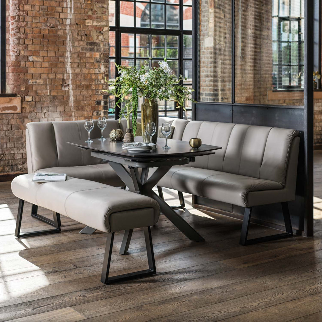 Saturn 130-190cm Motion Table Dark Grey & Sonoma Corner Bench & Low 160cm Bench in Putty