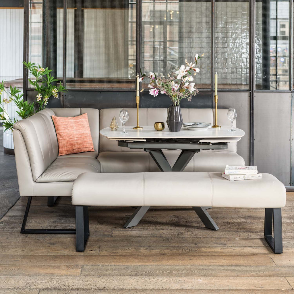 Saturn 130-190cm Motion Table White & Sonoma Corner Bench & Low 160cm Bench in Putty