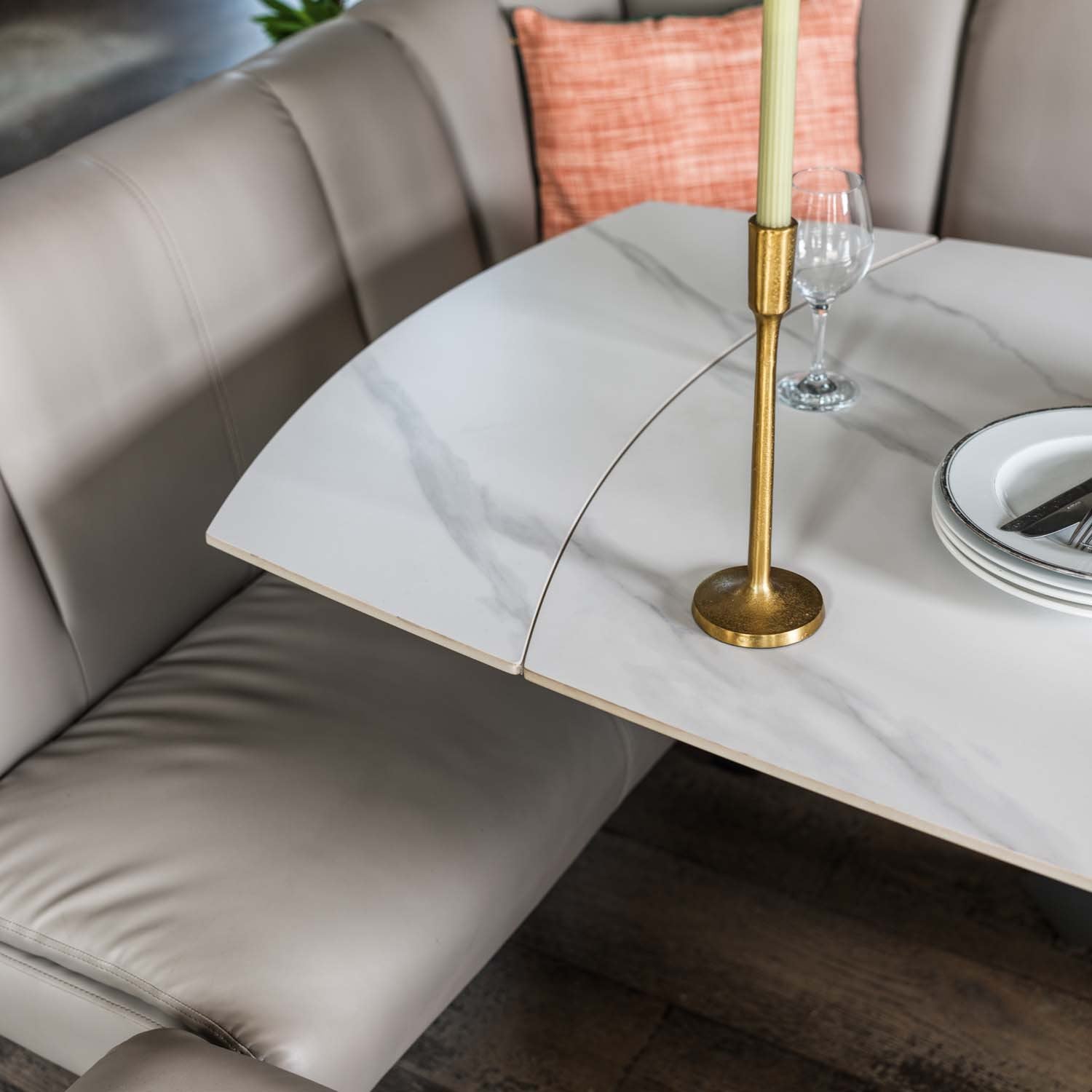 Saturn 130-190cm Motion Table White & Sonoma Corner Bench & Low 160cm Bench in Putty
