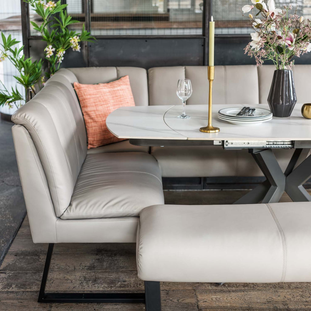 Saturn 130-190cm Motion Table White & Sonoma Corner Bench & Low 160cm Bench in Putty