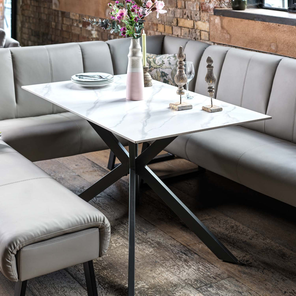 Saturn 135cm Dining Table White & Sonoma Corner with Low Bench 140cm in Putty