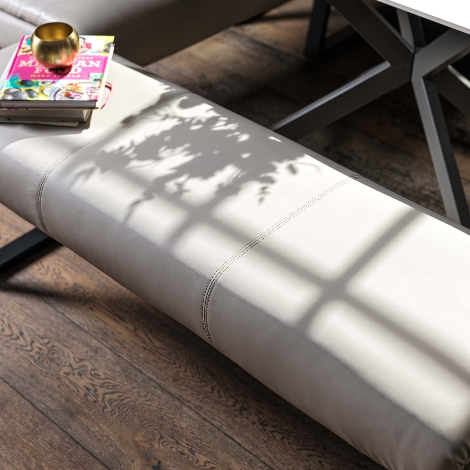 Saturn 135cm Dining Table White & Sonoma Corner with Low Bench 140cm in Putty