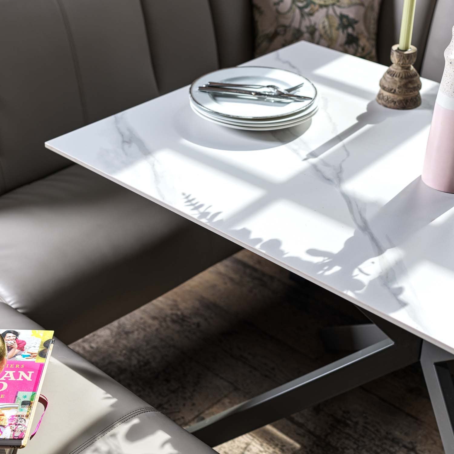 Saturn 135cm Dining Table White & Sonoma Corner with Low Bench 140cm in Putty