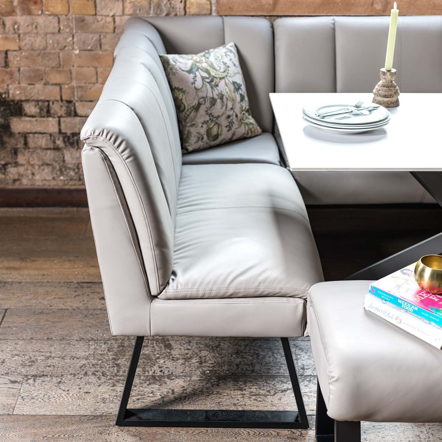 Saturn 135cm Dining Table White & Sonoma Corner with Low Bench 140cm in Putty