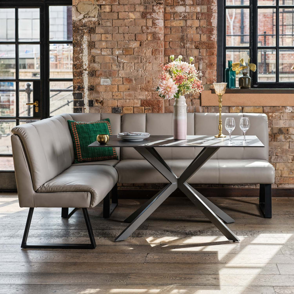 Saturn 135cm Dining Table Dark Grey & Sonoma Corner with Low Bench 140cm in Putty
