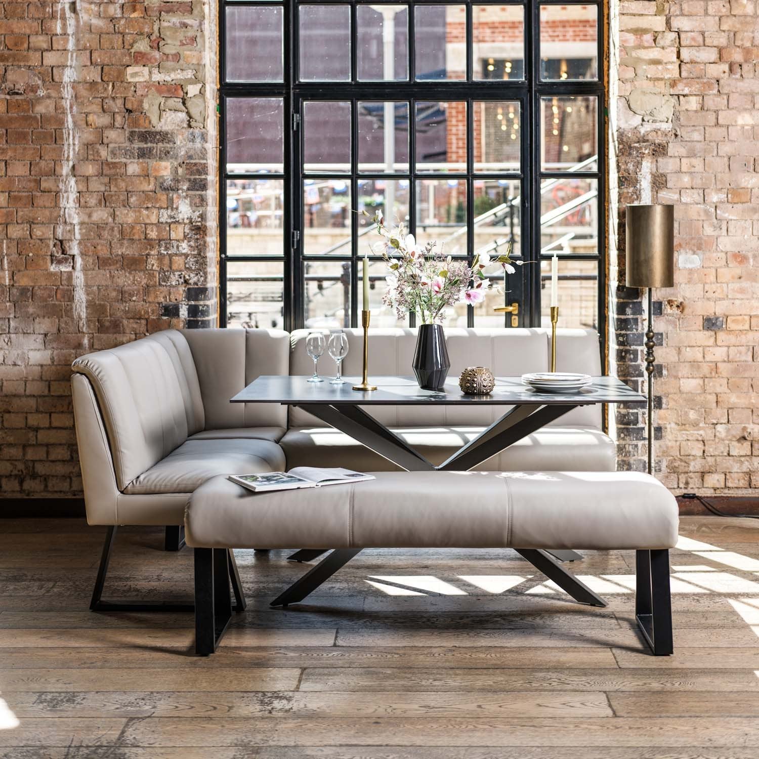 Saturn 150cm Dining Table Dark Grey & Sonoma Corner with Low Bench 160cm in Putty