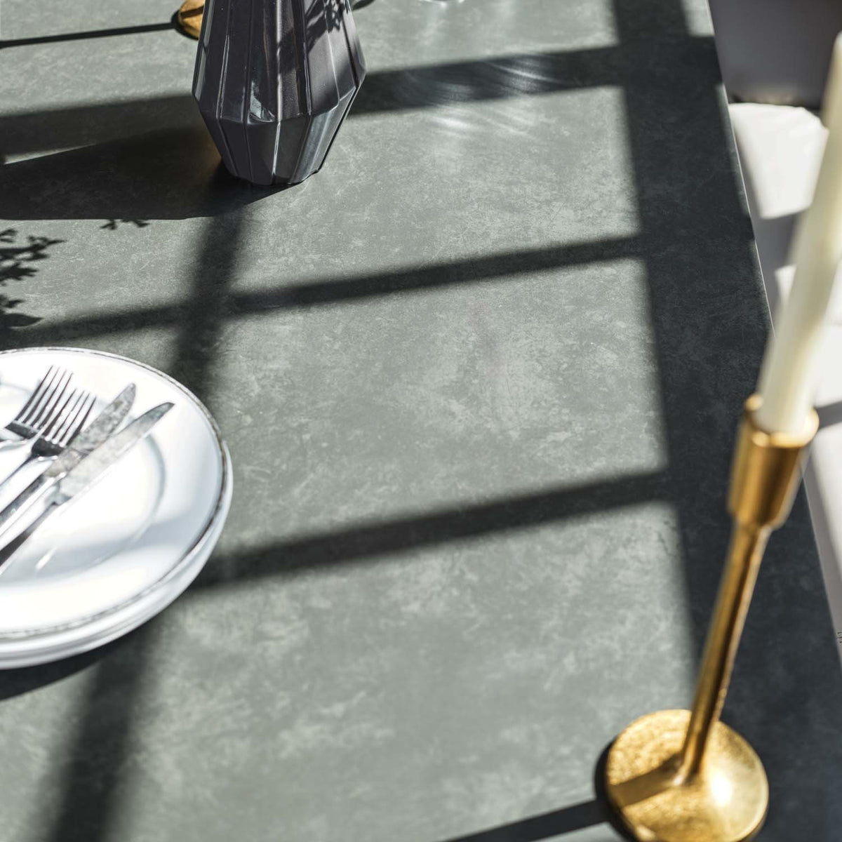 Saturn 150cm Dining Table Dark Grey & Sonoma Corner with Low Bench 160cm in Putty