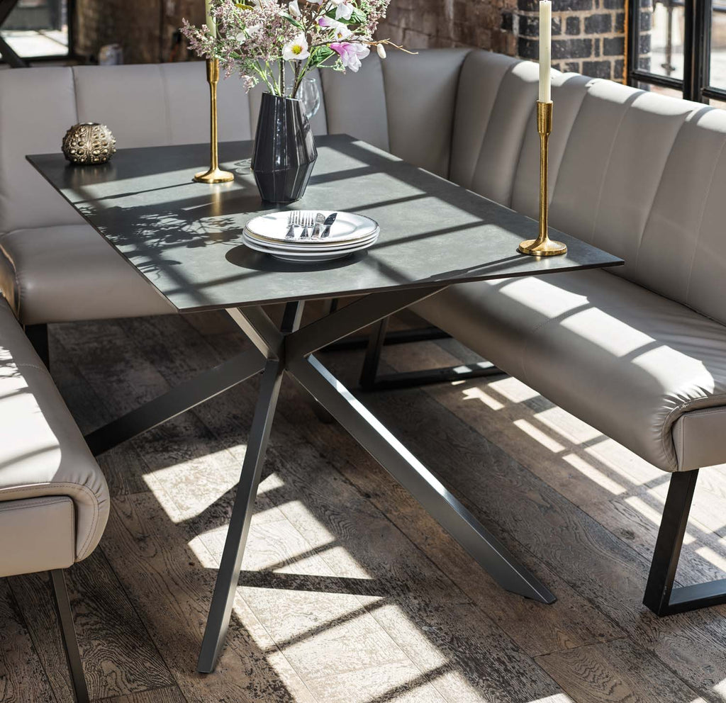 Saturn 150cm Dining Table Dark Grey & Sonoma Corner with Low Bench 160cm in Putty