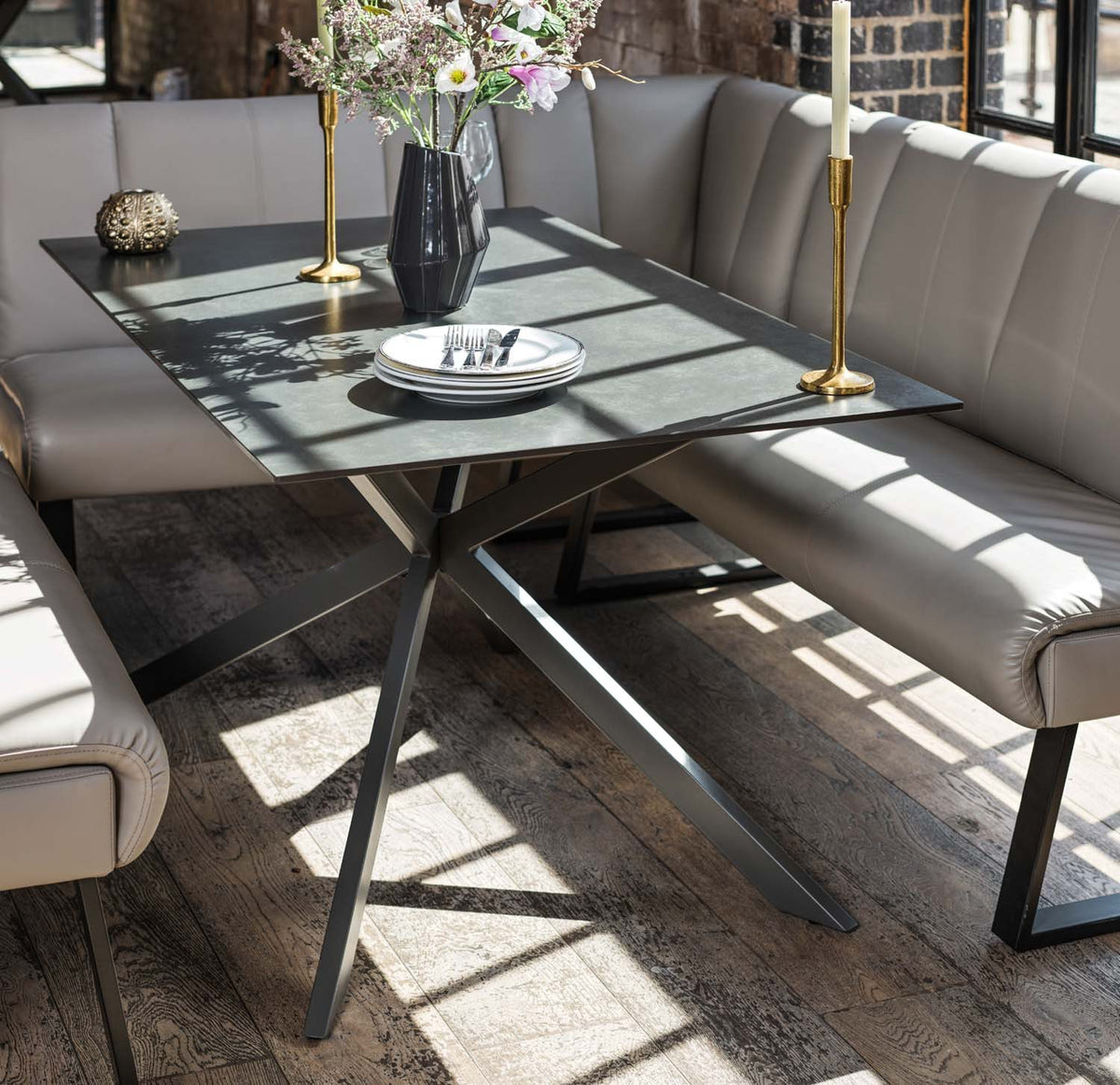 Saturn 150cm Dining Table Dark Grey & Sonoma Corner with Low Bench 160cm in Putty