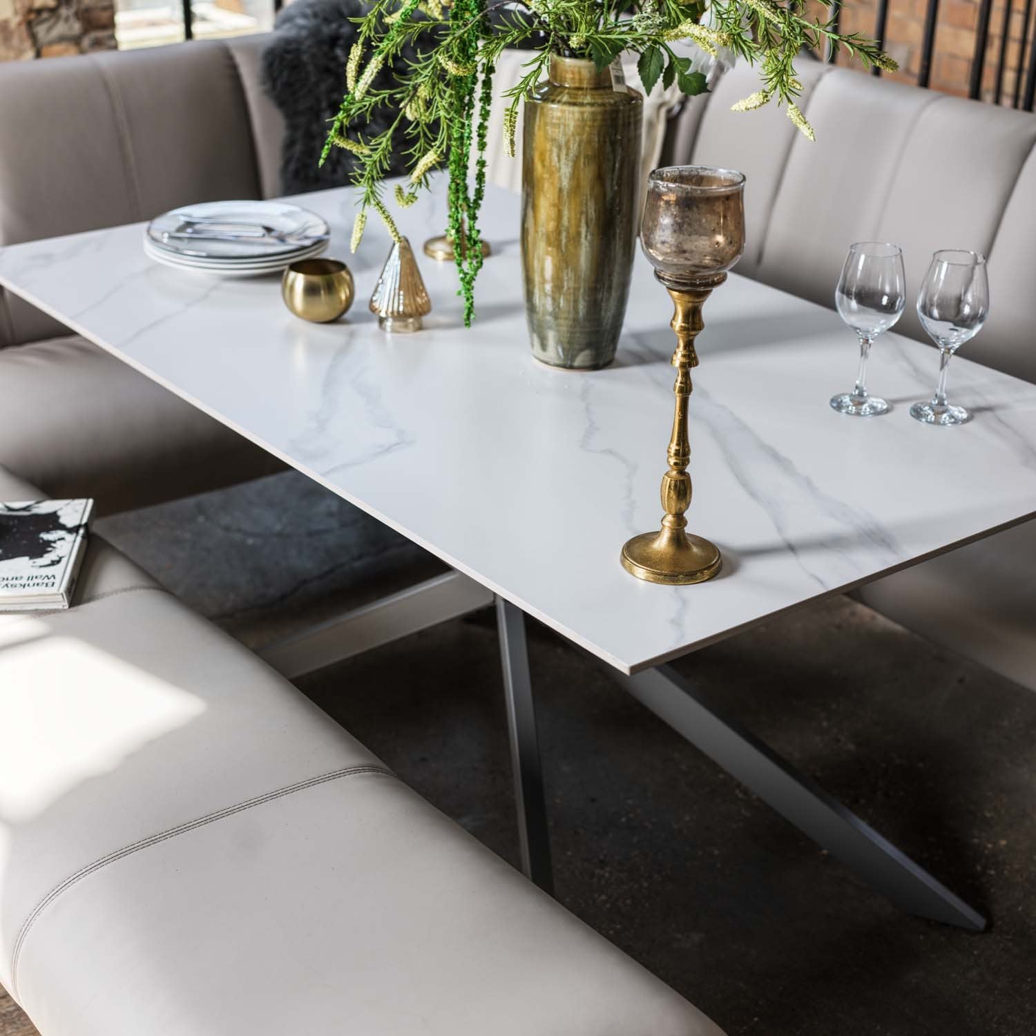 Saturn 150cm Dining Table White & Sonoma Corner with Low Bench 160cm in Putty
