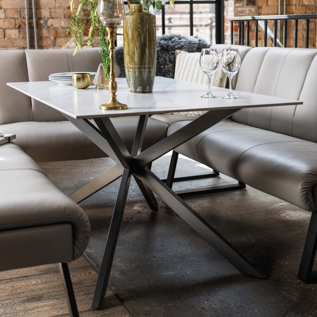 Saturn 150cm Dining Table White & Sonoma Corner with Low Bench 160cm in Putty