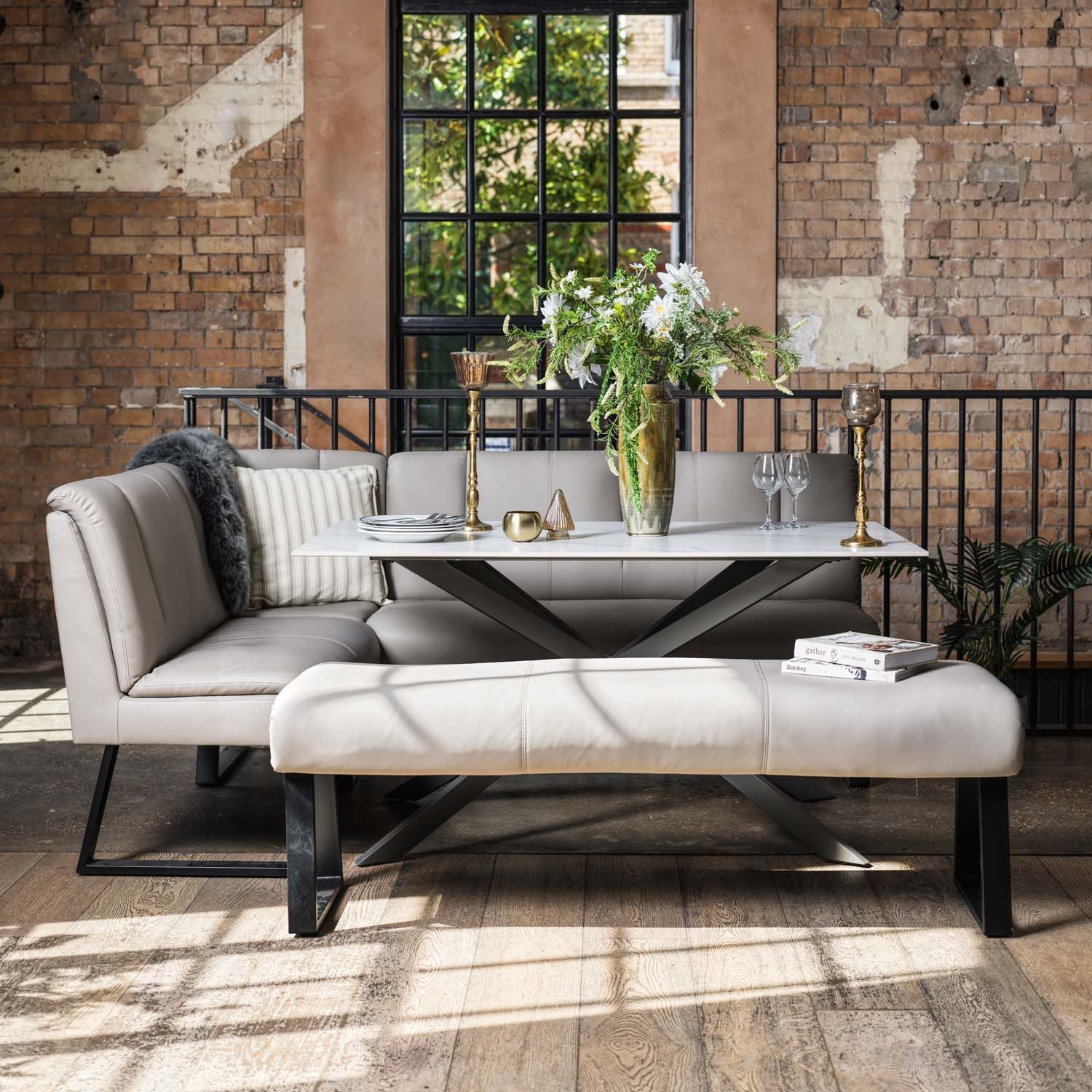 Saturn 150cm Dining Table White & Sonoma Corner with Low Bench 160cm in Putty