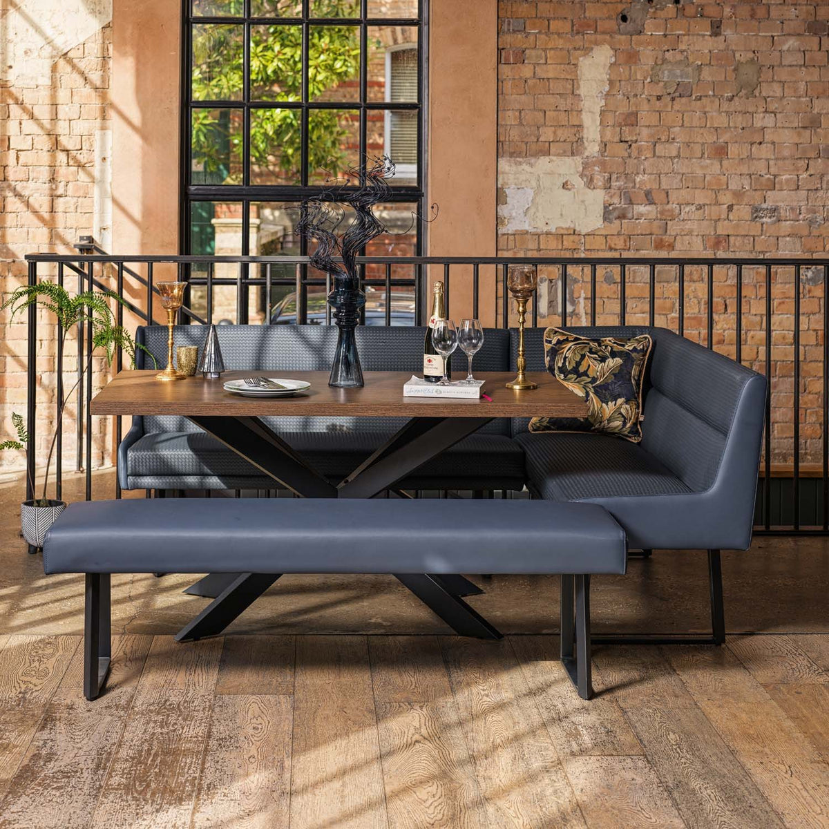 Jupiter Dining Set - Dark Oak - With LHF Corner Bench & Low Bench in Blue