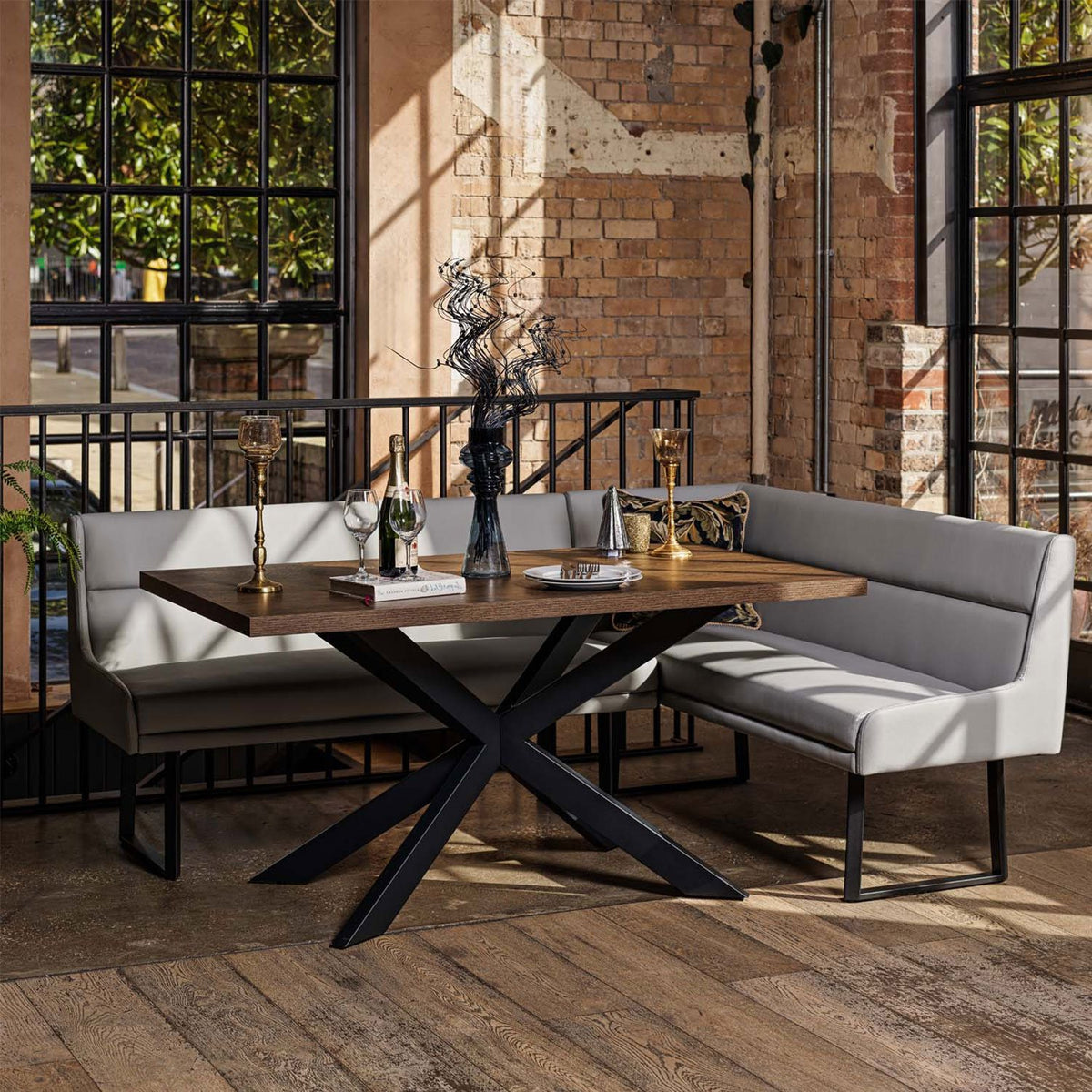 Jupiter Dining Set - Dark Oak - With LHF Corner Bench & Low Bench in Light Grey
