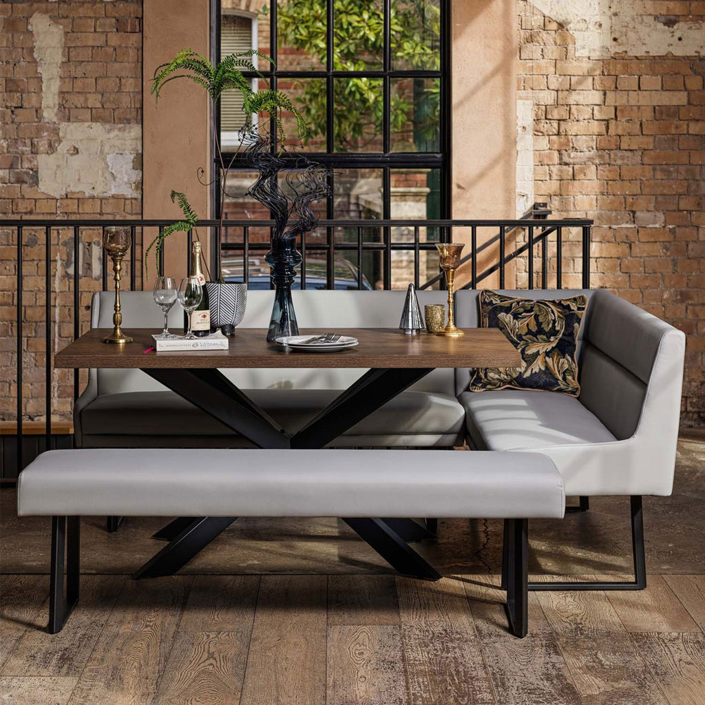 Jupiter Dining Set - Dark Oak - With LHF Corner Bench & Low Bench in Light Grey