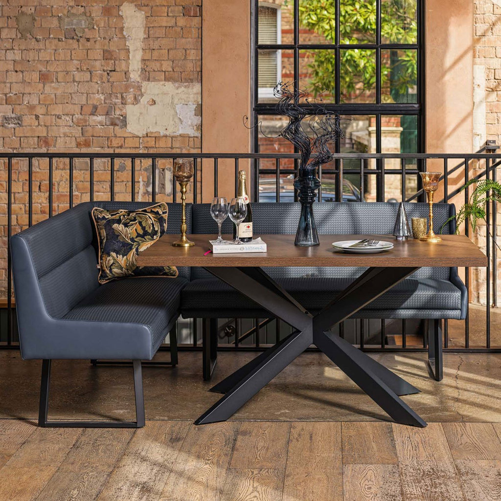 Jupiter Dining Set - Dark Oak - With RHF Corner Bench & Low Bench in Blue