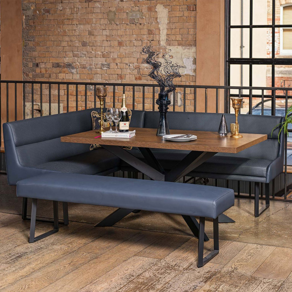 Jupiter Dining Set - Dark Oak - With RHF Corner Bench & Low Bench in Blue