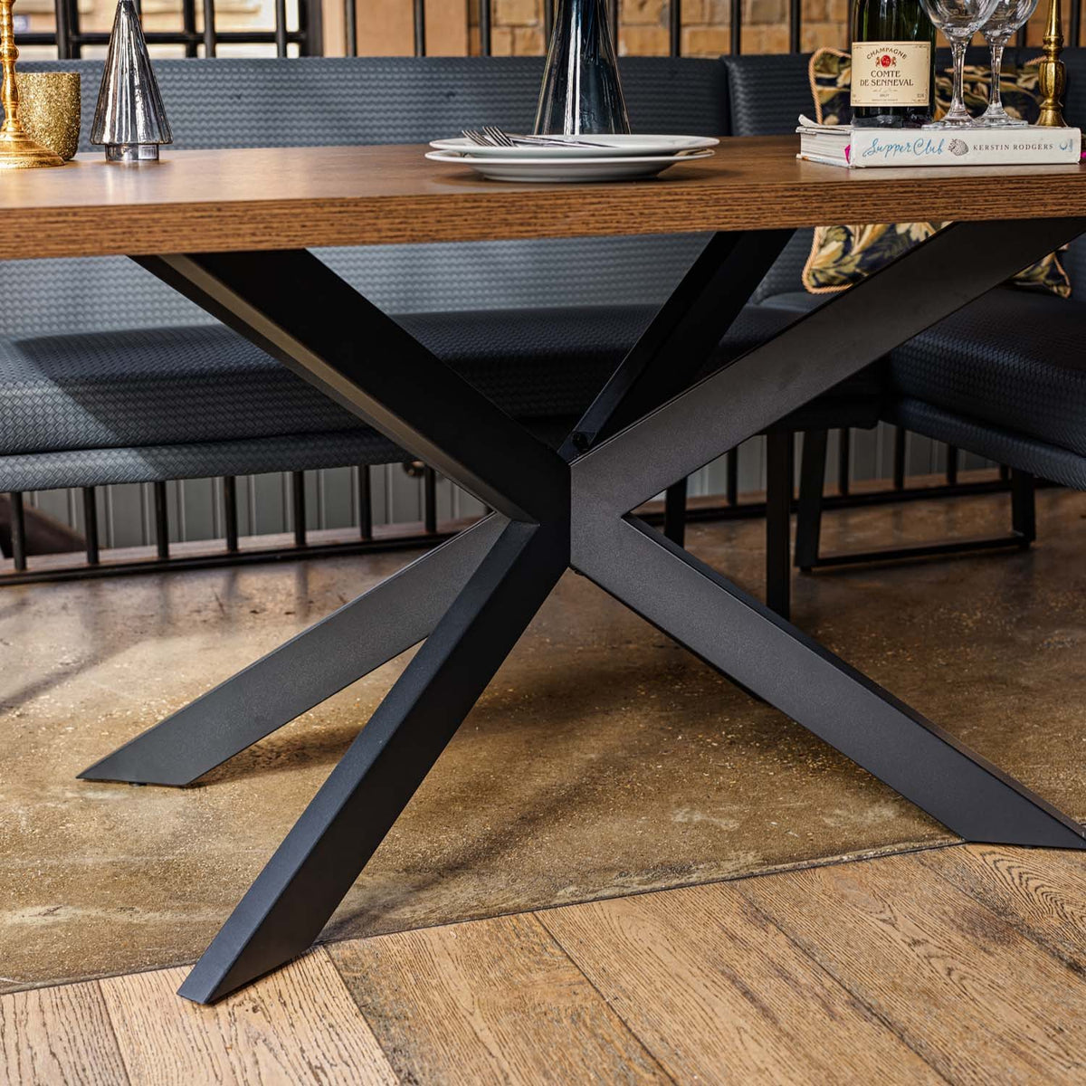 Jupiter Dining Set - Dark Oak - With RHF Corner Bench & Low Bench in Blue