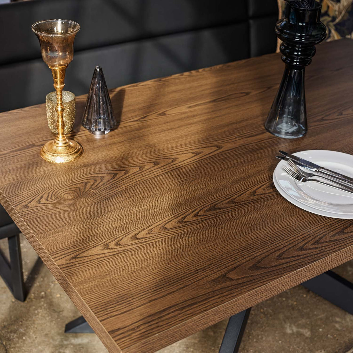 Jupiter Dining Set - Dark Oak - With RHF Corner Bench & Low Bench in Black