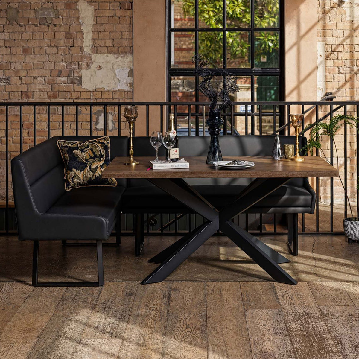 Jupiter Dining Set - Dark Oak - With RHF Corner Bench & Low Bench in Black