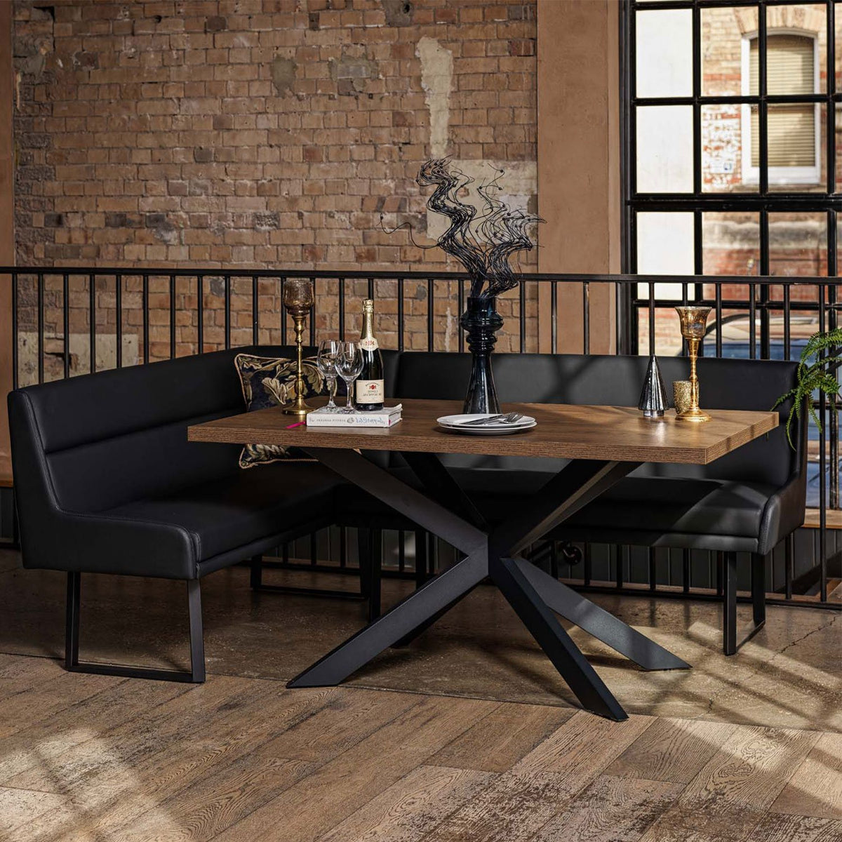 Jupiter Dining Set - Dark Oak - With RHF Corner Bench & Low Bench in Black